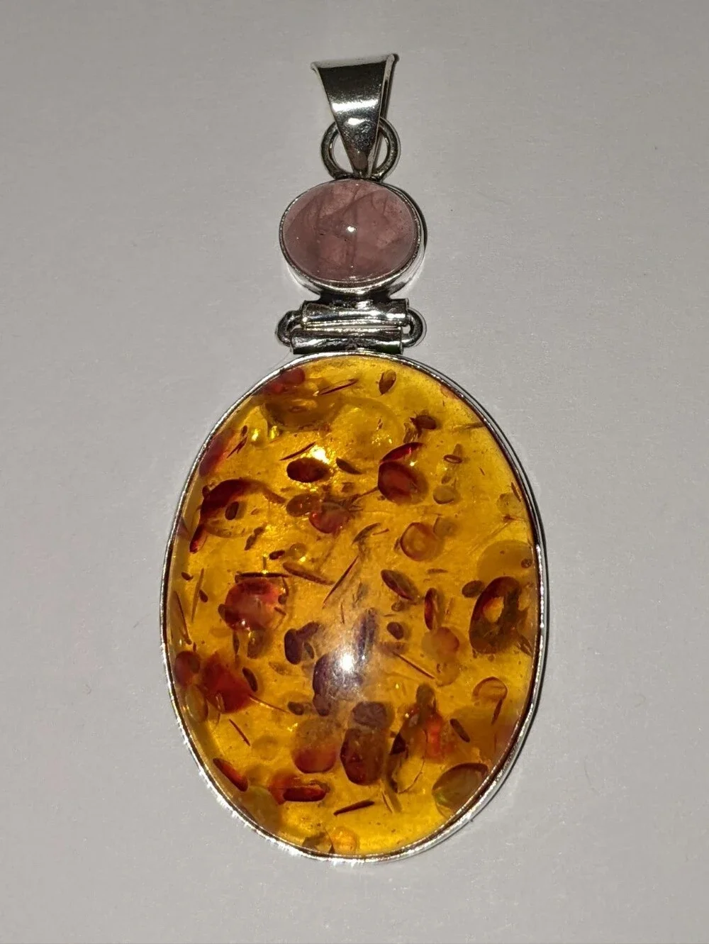 Baltic Amber, Rose Quartz Gemstone 925 Sterling Silver Pendant Necklace
